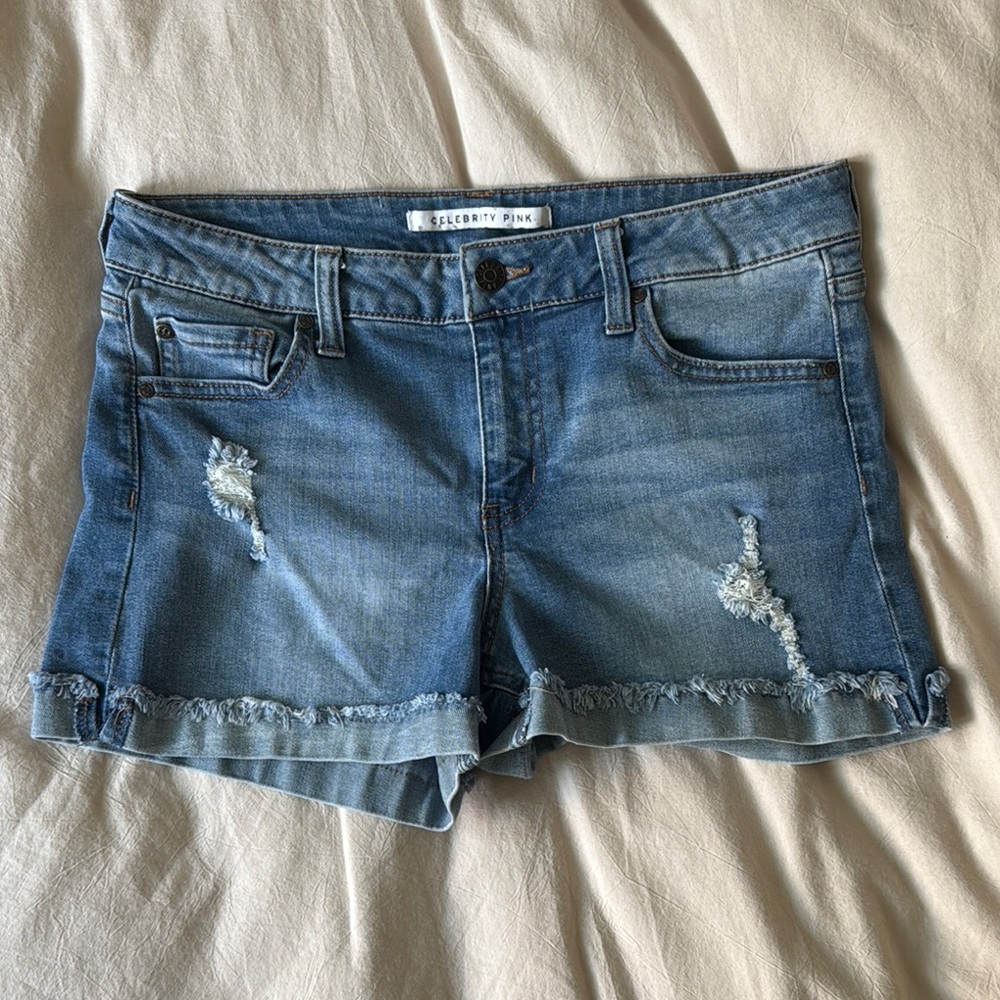Celebrity Pink Blue Distressed Jean Shorts